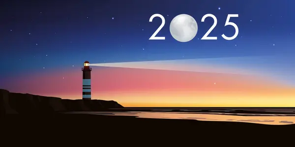 Deniz feneri kavramına sahip tebrik kartı 2025 meydan okumaları karşılamak ve onları başarıyla taçlandırmak için doğru yönü sembolize ediyor.