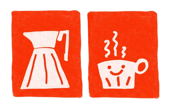 Gayzer kahve makinesi ve kırmızı arka planda bir fincan kahve.