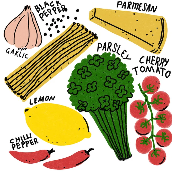 Spagetti, kiraz domatesleri, limon, parmesan, biber, karabiber, sarımsak.