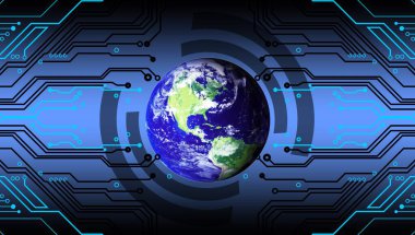 Toprak küresi ikili kod ve teknoloji arka planına sahip, 3 boyutlu illüstrasyon