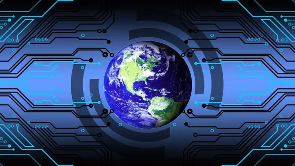 Toprak küresi ikili kod ve teknoloji arka planına sahip, 3 boyutlu illüstrasyon