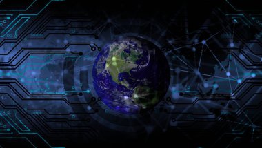 Küresel ağ bağlantısı ve teknoloji arka planının dijital bileşimi