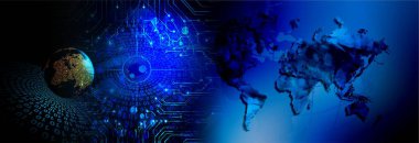 Göz görüşlü yüksek teknoloji laptop teknolojisi. Küresel dijital teknoloji kavramı. Soyut vektör çizimi. Dünyanın etrafındaki optik lifler, devre kartı arka planı, özel elementler için merkezi çerçeveli parlayan devre kartı tasarımı.  