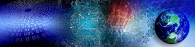Göz görüşlü yüksek teknoloji laptop teknolojisi. Küresel dijital teknoloji kavramı. Soyut vektör çizimi. Dünyanın etrafındaki optik lifler, devre kartı arka planı, özel elementler için merkezi çerçeveli parlayan devre kartı tasarımı.  
