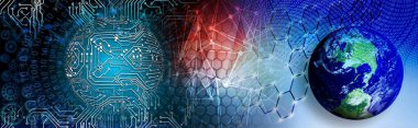 Göz görüşlü yüksek teknoloji laptop teknolojisi. Küresel dijital teknoloji kavramı. Soyut vektör çizimi. Dünyanın etrafındaki optik lifler, devre kartı arka planı, özel elementler için merkezi çerçeveli parlayan devre kartı tasarımı.  