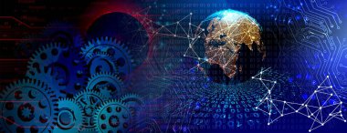 Göz görüşlü yüksek teknoloji laptop teknolojisi. Küresel dijital teknoloji kavramı. Soyut vektör çizimi. Dünyanın etrafındaki optik lifler, devre kartı arka planı, özel elementler için merkezi çerçeveli parlayan devre kartı tasarımı.  