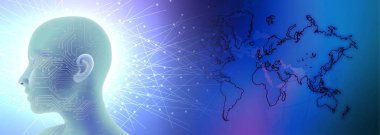 Göz görüşlü yüksek teknoloji laptop teknolojisi. Küresel dijital teknoloji kavramı. Soyut vektör çizimi. Dünyanın etrafındaki optik lifler, devre kartı arka planı, özel elementler için merkezi çerçeveli parlayan devre kartı tasarımı.  