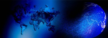 Göz görüşlü yüksek teknoloji laptop teknolojisi. Küresel dijital teknoloji kavramı. Soyut vektör çizimi. Dünyanın etrafındaki optik lifler, devre kartı arka planı, özel elementler için merkezi çerçeveli parlayan devre kartı tasarımı.  