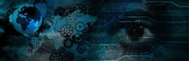 Göz görüşlü yüksek teknoloji laptop teknolojisi. Küresel dijital teknoloji kavramı. Soyut vektör çizimi. Dünyanın etrafındaki optik lifler, devre kartı arka planı, özel elementler için merkezi çerçeveli parlayan devre kartı tasarımı.  