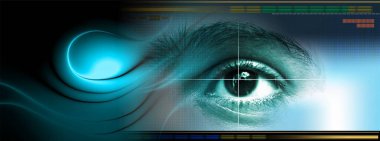 Göz görüşlü yüksek teknoloji laptop teknolojisi. Küresel dijital teknoloji kavramı. Soyut vektör çizimi. Dünyanın etrafındaki optik lifler, devre kartı arka planı, özel elementler için merkezi çerçeveli parlayan devre kartı tasarımı.  