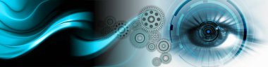 Göz görüşlü yüksek teknoloji laptop teknolojisi. Küresel dijital teknoloji kavramı. Soyut vektör çizimi. Dünyanın etrafındaki optik lifler, devre kartı arka planı, özel elementler için merkezi çerçeveli parlayan devre kartı tasarımı.  