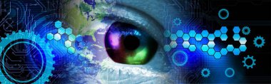 Göz görüşlü yüksek teknoloji laptop teknolojisi. Küresel dijital teknoloji kavramı. Soyut vektör çizimi. Dünyanın etrafındaki optik lifler, devre kartı arka planı, özel elementler için merkezi çerçeveli parlayan devre kartı tasarımı.  