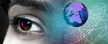 Göz görüşlü yüksek teknoloji laptop teknolojisi. Küresel dijital teknoloji kavramı. Soyut vektör çizimi. Dünyanın etrafındaki optik lifler, devre kartı arka planı, özel elementler için merkezi çerçeveli parlayan devre kartı tasarımı.  