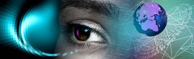 Göz görüşlü yüksek teknoloji laptop teknolojisi. Küresel dijital teknoloji kavramı. Soyut vektör çizimi. Dünyanın etrafındaki optik lifler, devre kartı arka planı, özel elementler için merkezi çerçeveli parlayan devre kartı tasarımı.  