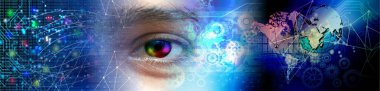 Göz görüşlü yüksek teknoloji laptop teknolojisi. Küresel dijital teknoloji kavramı. Soyut vektör çizimi. Dünyanın etrafındaki optik lifler, devre kartı arka planı, özel elementler için merkezi çerçeveli parlayan devre kartı tasarımı.  