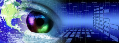 Göz görüşlü yüksek teknoloji laptop teknolojisi. Küresel dijital teknoloji kavramı. Soyut vektör çizimi. Dünyanın etrafındaki optik lifler, devre kartı arka planı, özel elementler için merkezi çerçeveli parlayan devre kartı tasarımı.  