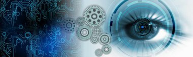 Göz görüşlü yüksek teknoloji laptop teknolojisi. Küresel dijital teknoloji kavramı. Soyut vektör çizimi. Dünyanın etrafındaki optik lifler, devre kartı arka planı, özel elementler için merkezi çerçeveli parlayan devre kartı tasarımı.  