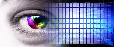 Göz görüşlü yüksek teknoloji laptop teknolojisi. Küresel dijital teknoloji kavramı. Soyut vektör çizimi. Dünyanın etrafındaki optik lifler, devre kartı arka planı, özel elementler için merkezi çerçeveli parlayan devre kartı tasarımı.  