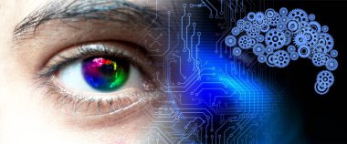 Göz görüşlü yüksek teknoloji laptop teknolojisi. Küresel dijital teknoloji kavramı. Soyut vektör çizimi. Dünyanın etrafındaki optik lifler, devre kartı arka planı, özel elementler için merkezi çerçeveli parlayan devre kartı tasarımı.  