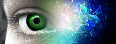 Göz görüşlü yüksek teknoloji laptop teknolojisi. Küresel dijital teknoloji kavramı. Soyut vektör çizimi. Dünyanın etrafındaki optik lifler, devre kartı arka planı, özel elementler için merkezi çerçeveli parlayan devre kartı tasarımı.  