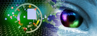 Göz görüşlü yüksek teknoloji laptop teknolojisi. Küresel dijital teknoloji kavramı. Soyut vektör çizimi. Dünyanın etrafındaki optik lifler, devre kartı arka planı, özel elementler için merkezi çerçeveli parlayan devre kartı tasarımı.  