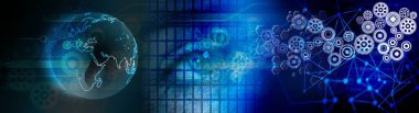 Teknoloji arka plan dünya bağlantıları, zaman yönetimi, ikili kodlama siber güvenlik, yüksek teknoloji dişli teknoloji geçmişi. Küresel dijital teknoloji kavramı. Soyut vektör çizimi. Yüksek teknoloji dişli teknoloji geçmişi var.. 