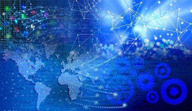 Teknoloji arka plan dünya bağlantıları, zaman yönetimi, ikili kodlama siber güvenlik, yüksek teknoloji dişli teknoloji geçmişi. Küresel dijital teknoloji kavramı. Soyut vektör çizimi. Yüksek teknoloji dişli teknoloji geçmişi var.. 