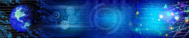 Teknoloji arka plan dünya bağlantıları, zaman yönetimi, ikili kodlama siber güvenlik, yüksek teknoloji dişli teknoloji geçmişi. Küresel dijital teknoloji kavramı. Soyut vektör çizimi. Yüksek teknoloji dişli teknoloji geçmişi var.. 