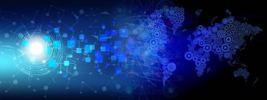 Teknoloji arka plan dünya bağlantıları, zaman yönetimi, ikili kodlama siber güvenlik, yüksek teknoloji dişli teknoloji geçmişi. Küresel dijital teknoloji kavramı. Soyut vektör çizimi. Yüksek teknoloji dişli teknoloji geçmişi var.. 