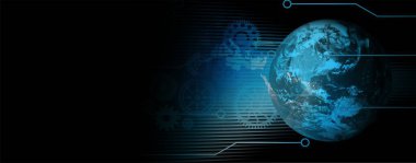 Teknoloji arka plan dünya bağlantıları, zaman yönetimi, ikili kodlama siber güvenlik, yüksek teknoloji dişli teknoloji geçmişi. Küresel dijital teknoloji kavramı. Soyut vektör çizimi. Yüksek teknoloji dişli teknoloji geçmişi var.. 