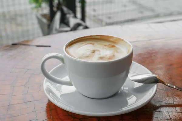 Cappuccino Café Gros Plan Sur Fond Bois — Photo