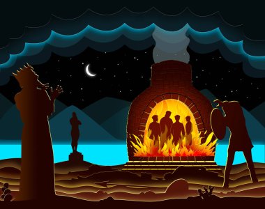 Shadrach, Meshach, and Abed-nego thrown into a fiery furnace. Paper art. Abstract, illustration, minimalism. Digital Art. Bible story.