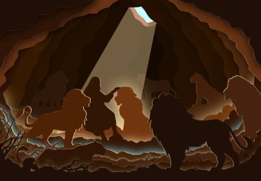   Daniel, Aslan Mağarası 'nda oturuyor. Kağıt sanatı. Soyut, illüstrasyon, minimalizm. Dijital Sanat. İncil hikayesi.