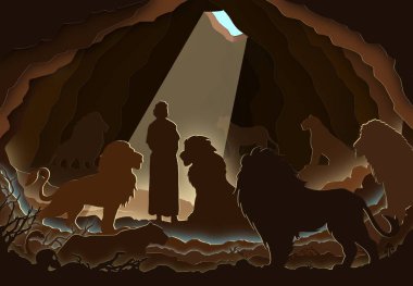   Daniel, Aslan Mağarası 'nda duruyor. Kağıt sanatı. Soyut, illüstrasyon, minimalizm. Dijital Sanat. İncil hikayesi.