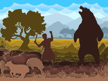   David ve Ayı. Kağıt sanatı. İncil hikayesi. Soyut, illüstrasyon, minimalizm. Dijital Sanat.