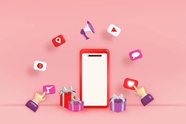 3D Surprise gift box with megaphone and realistic mobile phone hand holding with Online store in the concept design in pink background