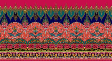 Dijital Süs: Çiçek Paisley Allover, Babür Sanat Motifleri, Suluboya Tekstil Geleneksel Sınırları. Moda Tasarımları için Etnik ve Geometrik Desenler. Klasik nakış, botanik ve tropikal elementler, kumaş baskısı için kusursuz arkaplan.