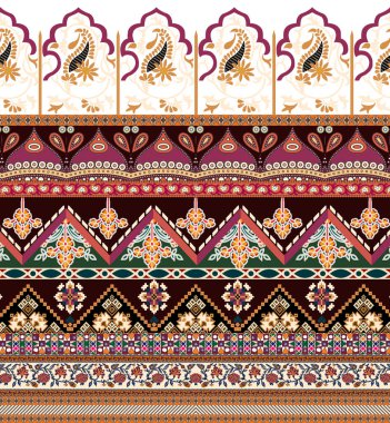 Dijital Süs: Çiçek Paisley Allover, Babür Sanat Motifleri, Suluboya Tekstil Geleneksel Sınırları. Moda Tasarımları için Etnik ve Geometrik Desenler. Klasik nakış, botanik ve tropikal elementler, kumaş baskısı için kusursuz arkaplan.