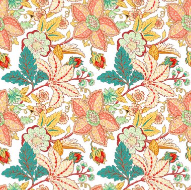 Dijital Süs: Çiçek Paisley Allover, Babür Sanat Motifleri, Suluboya Tekstil Geleneksel Sınırları. Moda Tasarımları için Etnik ve Geometrik Desenler. Klasik nakış, botanik ve tropikal elementler, kumaş baskısı için kusursuz arkaplan.