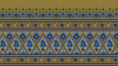 Dijital Süs: Çiçek Paisley Allover, Babür Sanat Motifleri, Suluboya Tekstil Geleneksel Sınırları. Moda Tasarımları için Etnik ve Geometrik Desenler. Klasik nakış, botanik ve tropikal elementler, kumaş baskısı için kusursuz arkaplan.