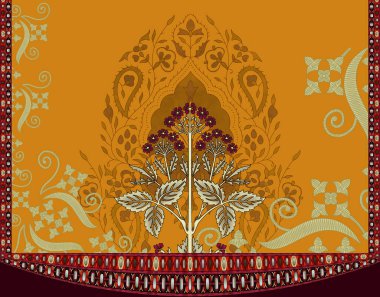 Dijital Süs: Çiçek Paisley Allover, Babür Sanat Motifleri, Suluboya Tekstil Geleneksel Sınırları. Moda Tasarımları için Etnik ve Geometrik Desenler. Klasik nakış, botanik ve tropikal elementler, kumaş baskısı için kusursuz arkaplan.