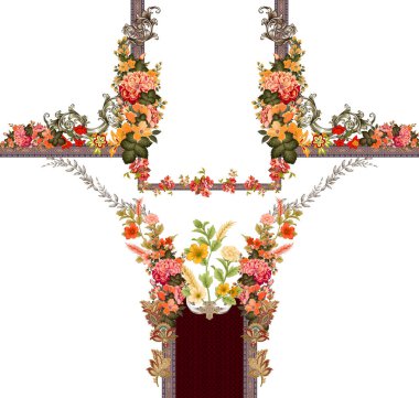 Dijital Süs: Çiçek Paisley Allover, Babür Sanat Motifleri, Suluboya Tekstil Geleneksel Sınırları. Moda Tasarımları için Etnik ve Geometrik Desenler. Klasik nakış, botanik ve tropikal elementler, kumaş baskısı için kusursuz arkaplan.