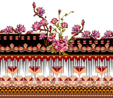 Dijital Süs: Çiçek Paisley Allover, Babür Sanat Motifleri, Suluboya Tekstil Geleneksel Sınırları. Moda Tasarımları için Etnik ve Geometrik Desenler. Klasik nakış, botanik ve tropikal elementler, kumaş baskısı için kusursuz arkaplan.