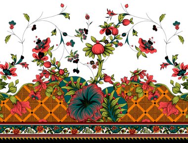 Dijital Süs: Çiçek Paisley Allover, Babür Sanat Motifleri, Suluboya Tekstil Geleneksel Sınırları. Moda Tasarımları için Etnik ve Geometrik Desenler. Klasik nakış, botanik ve tropikal elementler, kumaş baskısı için kusursuz arkaplan.