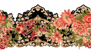 Dijital Süs: Çiçek Paisley Allover, Babür Sanat Motifleri, Suluboya Tekstil Geleneksel Sınırları. Moda Tasarımları için Etnik ve Geometrik Desenler. Klasik nakış, botanik ve tropikal elementler, kumaş baskısı için kusursuz arkaplan.