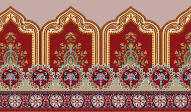 Dijital Süs: Çiçek Paisley Allover, Babür Sanat Motifleri, Suluboya Tekstil Geleneksel Sınırları. Moda Tasarımları için Etnik ve Geometrik Desenler. Klasik nakış, botanik ve tropikal elementler, kumaş baskısı için kusursuz arkaplan.