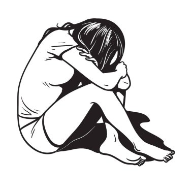 Üzgün ve depresif bir kız yerde oturuyor. Depresyondaki genç. Yaratıcı vektör illüstrasyonu