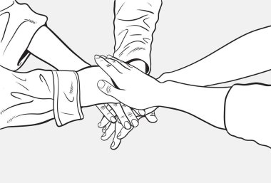 İş adamları işbirliği ve ortaklık kavramı olarak takım çalışması için el ele tutuşuyorlar.