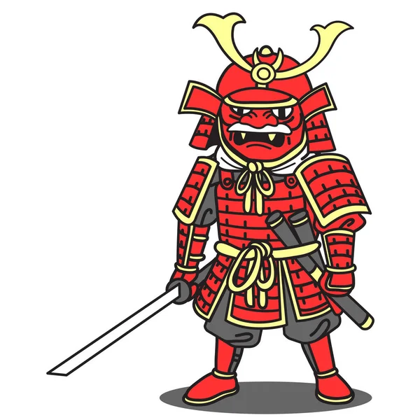 Japonský Samuraj Kreslený Postavou Samuraj Červené Zbroji Vektorová Ilustrace — Stockový vektor
