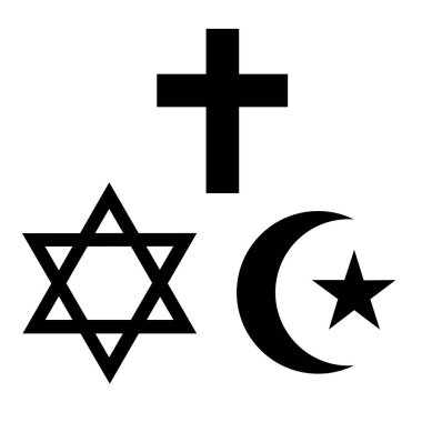 Üç dünya dinleri simge. Islam, Hıristiyanlık ve Yahudilik. Siyah siluet. Vektör çizim